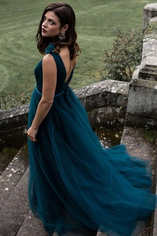 Peacock Blue Long Prom Dress V Neck ...